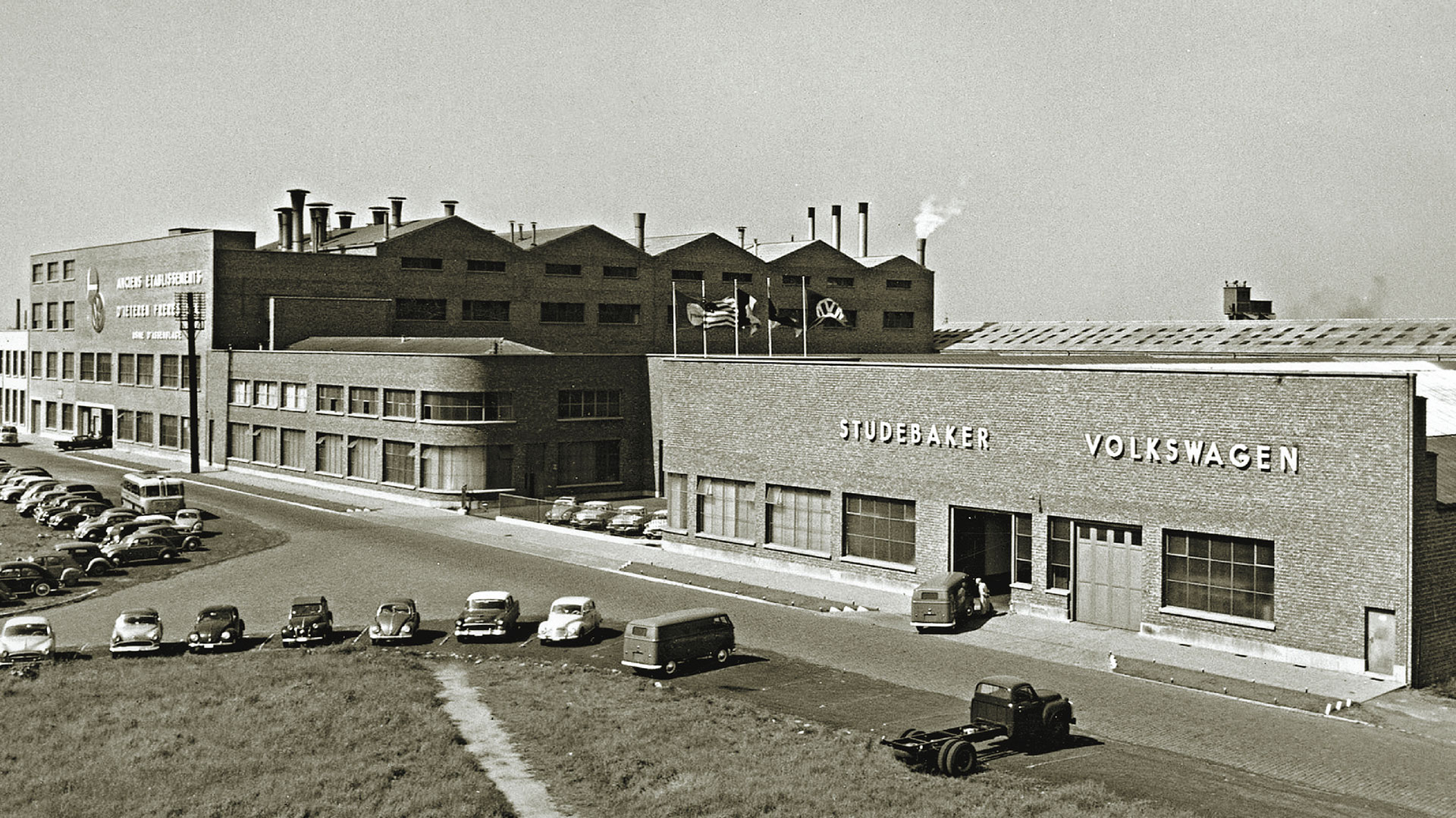In this black and white photo you can see the old Volkswagen factory